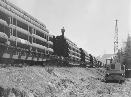 Transporting sections of pipe for the Trans Mountain Pipe Line