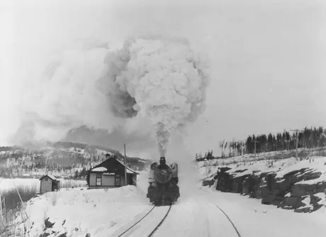 A freight train passes Farlane Station in winter