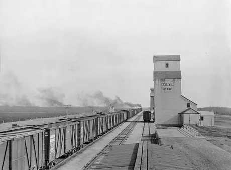 A freight train hauls grain past an elevator toward the head of the Great Lakes