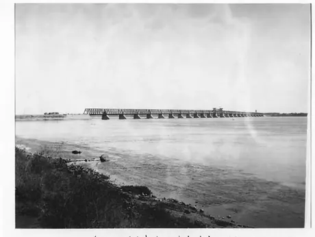 Victoria Bridge reconstruction: a view from the west shore of the St. Lawrence river after the removal of the first tube