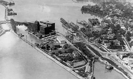 An aerial view of a harbour and locks at the entrance to the Welland Canal