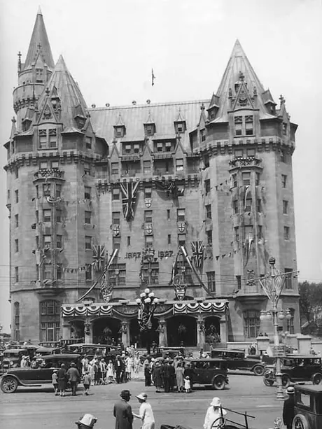 The Chateau Laurier decorated for the Diamond Jubilee of Canada's Confederation