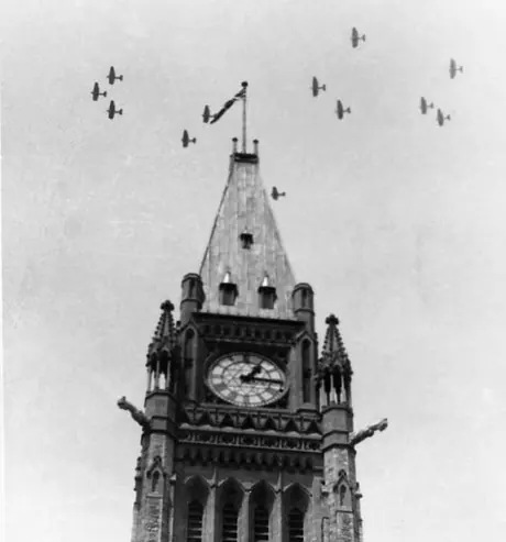 A fly past over the Peace Tower to honour the Diamond Jubilee of Canada's Confederation
