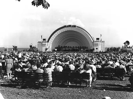 Crowds enjoying a male chorus at the Canadian National Exhibition