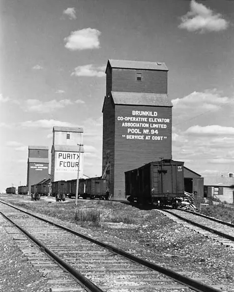 Canadian National Railways freight cars beside a row of grain elevators
