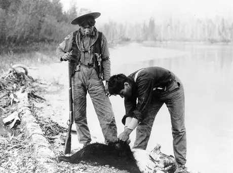 Aboriginal hunters skinning a bear