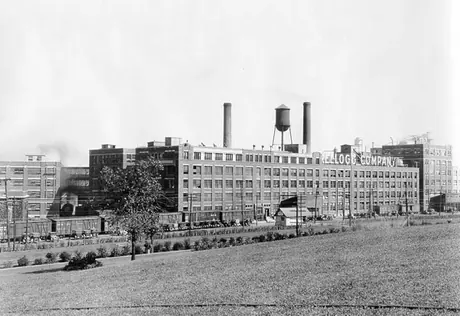 Grand Trunk Railway and Canadian National Railway freight cars beside the Kellogg Company Plant
