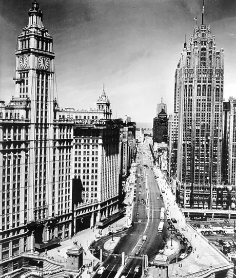 Wrigley Plaza; the Wigley Building clock tower is at left