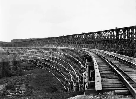 A wooden railway trestle