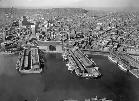 An aerial view of the Montréal harbour front