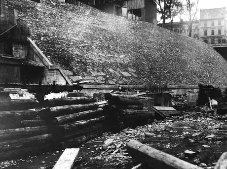 Mount Royal Tunnel construction - railway ties at Central Station entrance