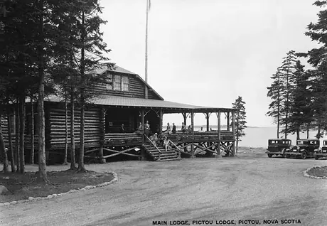 Guests relax on the veranda at Pictou Lodge