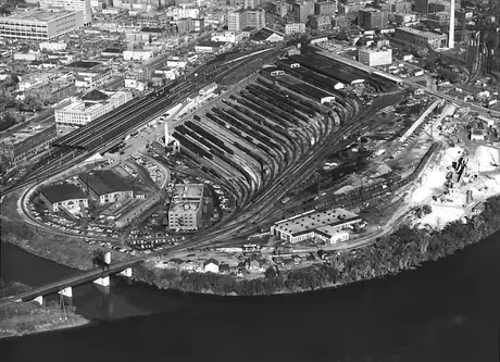 An aerial view of the railway yard behind Canadian National Railway Union Station