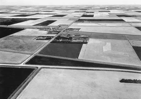 An aerial view of prairie farmland