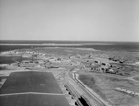 A view of Churchill taken from the top of the grain elevator, looking toward the harbour