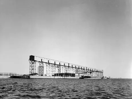 Ships being loaded with grain near the grain elevator
