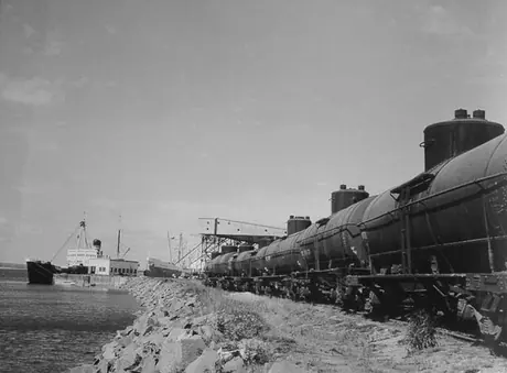 Oil tank cars near the dock