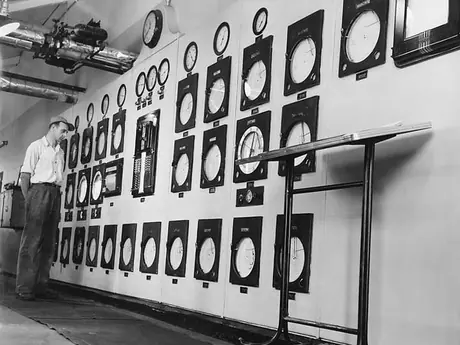 An instrument console in an oil refinery