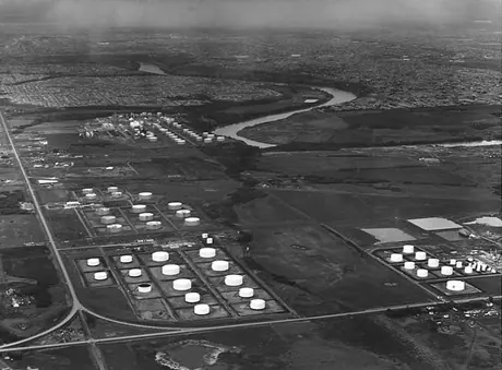 An aerial view of oil storage tanks in an industrial sector near Edmonton