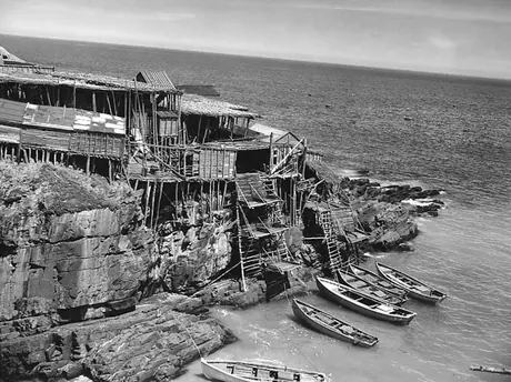 A view of boats tied up at fish landing stages
