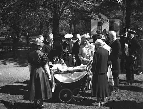 King George VI and Queen Elizabeth with triplets in the Public Gardens in Halifax during the 1939 Royal Tour of Canada