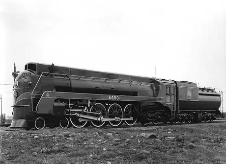 A side view of Canadian National Railways steam locomotive no. 6400 used to haul the Royal Train during their 1939 Royal Tour of Canada