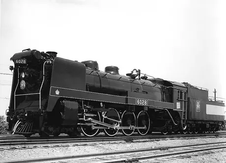 A side view of Canadian National Railways steam locomotive no. 6028 used to haul the Royal Train during the 1939 Royal Tour of Canada