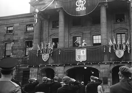 King George VI and Queen Elizabeth on the balcony of the Prince Edward Island Legislative Building during the 1939 Royal Tour of Canada
