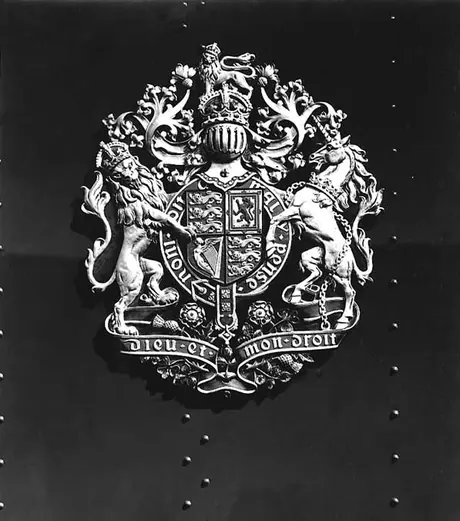 The Royal Coat of Arms on Canadian Pacific Railway locomotive tender  no. 2850 during the 1939 Royal Tour of Canada