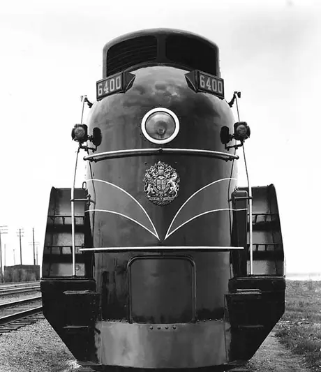 A front view of Canadian National Railways steam locomotive no. 6400 showing Royal Coat of Arms for 1939 Royal Tour of Canada