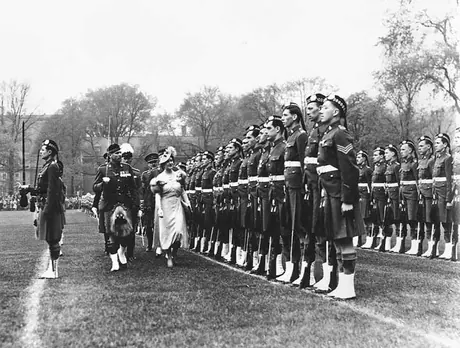 Her Majesty Queen Elizabeth inspects the Toronto Scottish Regiment of which she is Colonel-in-Chief during the 1939 Royal Tour of Canada