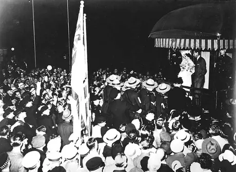 Their Majesties King George VI and Queen Elizabeth greet well-wishers from the Canadian National Railway Royal Tour Train