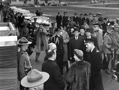 Princess Elizabeth and the Duke of Edinburgh at Dorval International Airport during the 1951 coast-to-coast Royal Tour of Canada