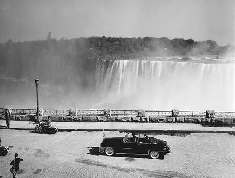 Princess Elizabeth and the Duke of Edinburgh drive beside the Niagara Fals during the 1951 coast-to-coast Royal Tour of Canada