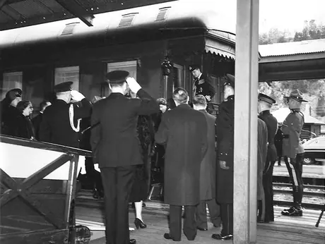 Princess Elizabeth and the Duke of Edinburgh arriving at Wolfe's Cove during the 1951 coast-to-coast Royal Tour of Canada