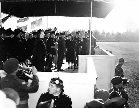 Princess Elizabeth and the Duke of Edinburgh on the podium at the Plains of Abraham during the 1951 coast-to-coast Royal Tour of Canada
