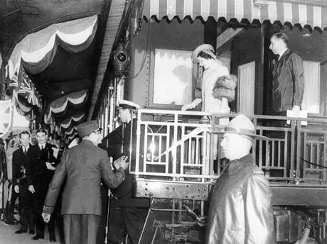 King George VI and Queen Elizabeth disembark from the observation car during the 1939 Royal Tour of Canada