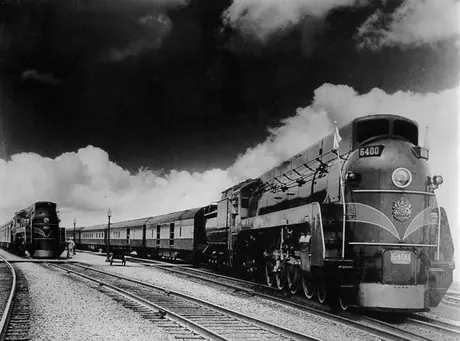 A view of Canadian National Railways steam locomotive no. 6400 hauling the Royal Tour train in 1939