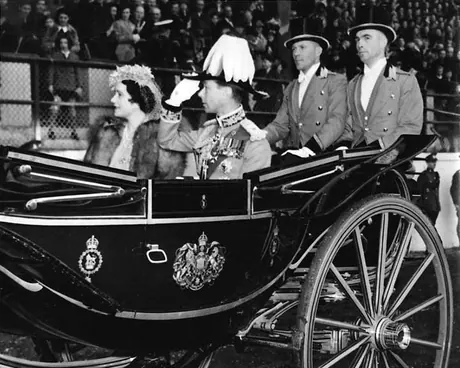 King George VI and Queen Elizabeth riding in the state coach during their 1939 Royal Tour of Canada