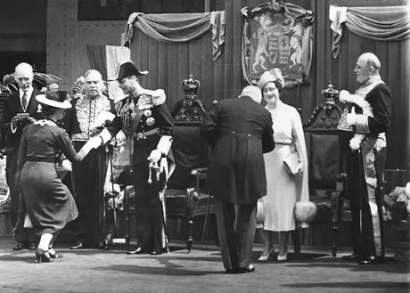 King George VI and Queen Elizabeth receive guests during the 1939 Royal Tour of Canada; Prime Minister Mackenzie King is to the right of the King