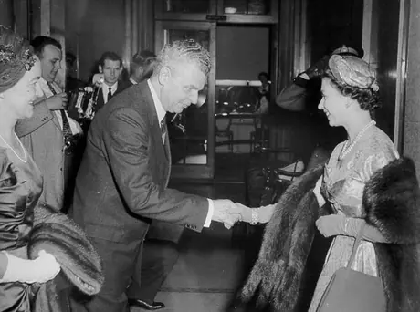Her Majesty Queen Elizabeth II is greeted by Prime Minister of Canada John Diefenbaker during th 1957 Royal visit to Ottawa