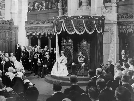 Queen Elizabeth II opens the 1st session of the 23rd Parliament of Canada during her Royal visit in 1957