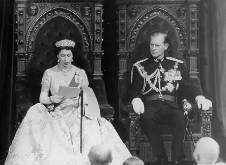 A closeup of Queen Elizabeth and Prince Philip during the ceremony to open the 1st session of the 23rd Parliament of Canada