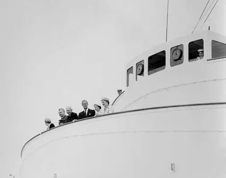 Queen Elizabeth and Prince Philip accompanied by Canadian Prime Minister John Diefenbaker, United States President Dwight Eisenhower and their wives on the St. Lawrence Seaway