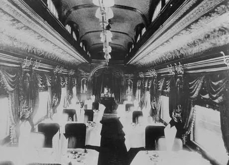 The ornate interior of a pre-Confederation Grand Trunk Railway dining car