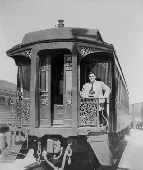 A vintage narrow vestibule railway sleeping car