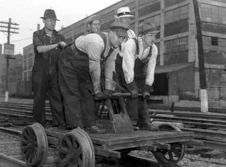Sectionmen on pump handcar at Turcot Yard