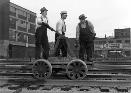 Sectionmen on pump handcar at Turcot Yard