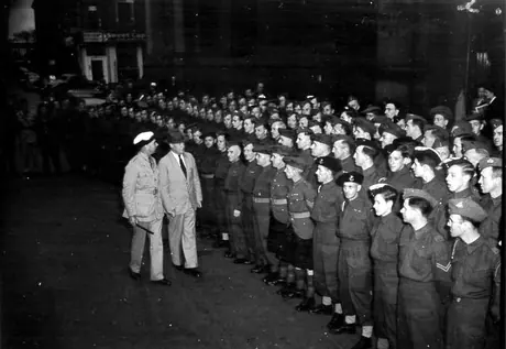 Inspection of CN reserve army on McGill St., Montreal