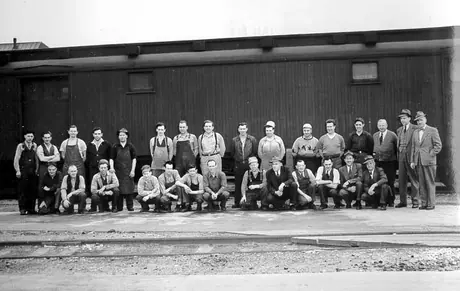 Group of workmen at the London car shops who had constructed the dental car